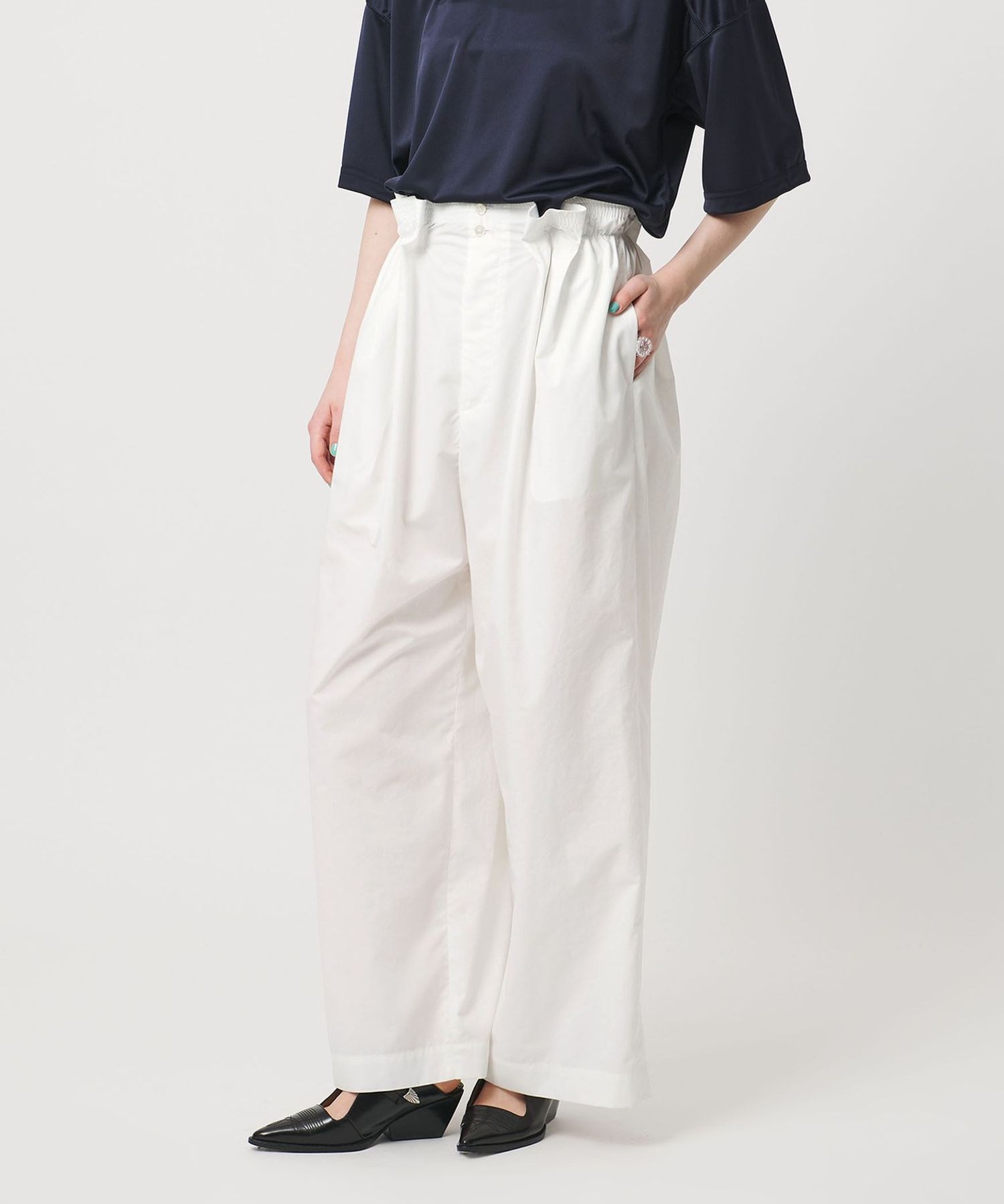 ASTRAET＞ウエストゴム ギャザーワイドパンツ WHITE