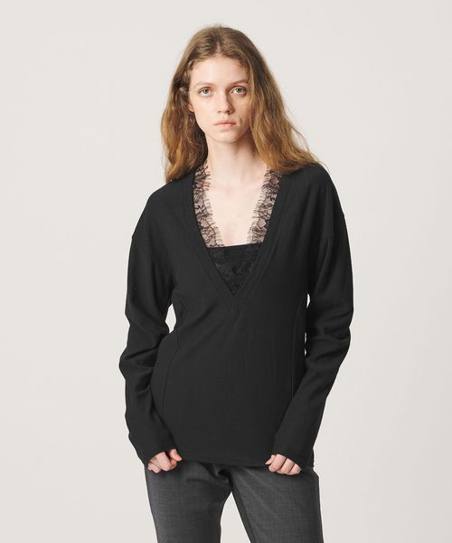 ATTISESSION/＜ATTISESSION＞レーストリム Vネック ロングスリーブ カットソー/Tシャツ / カットソー