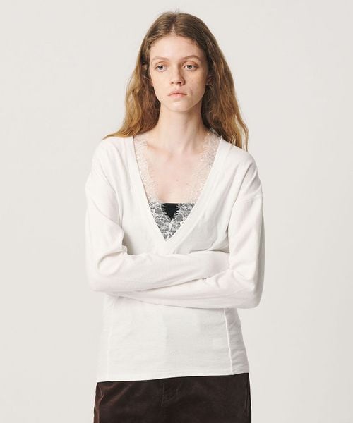 ATTISESSION/＜ATTISESSION＞レーストリム Vネック ロングスリーブ カットソー/Tシャツ / カットソー