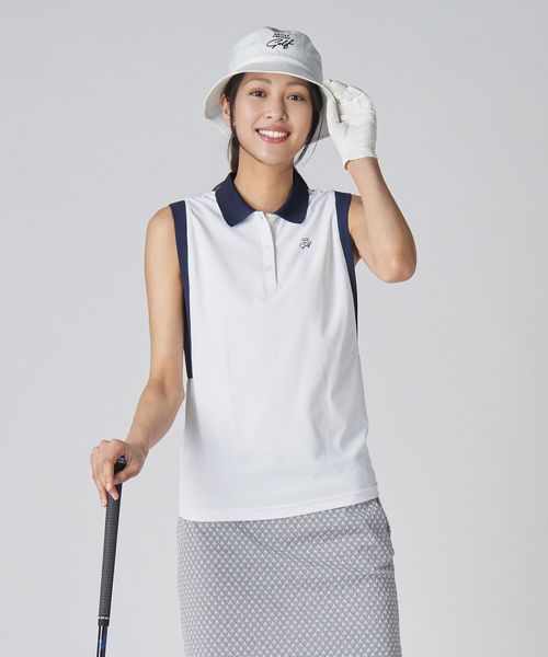 UNITED ARROWS GOLF ノースリーブ ポロシャツ　総柄 ウィメンズ プレーティング ニットポロシャツ