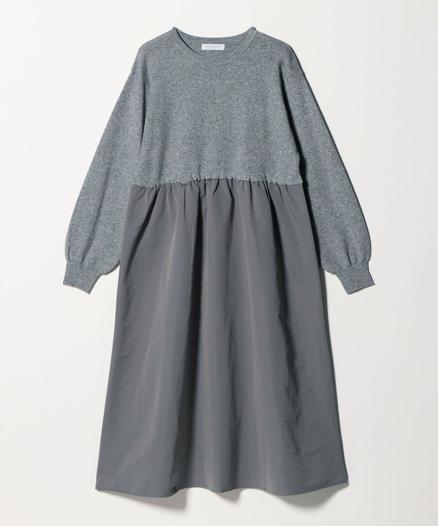 ニット×タフタ コンビギャザー ワンピース グレー‐ウォッシャブル‐ ＜A