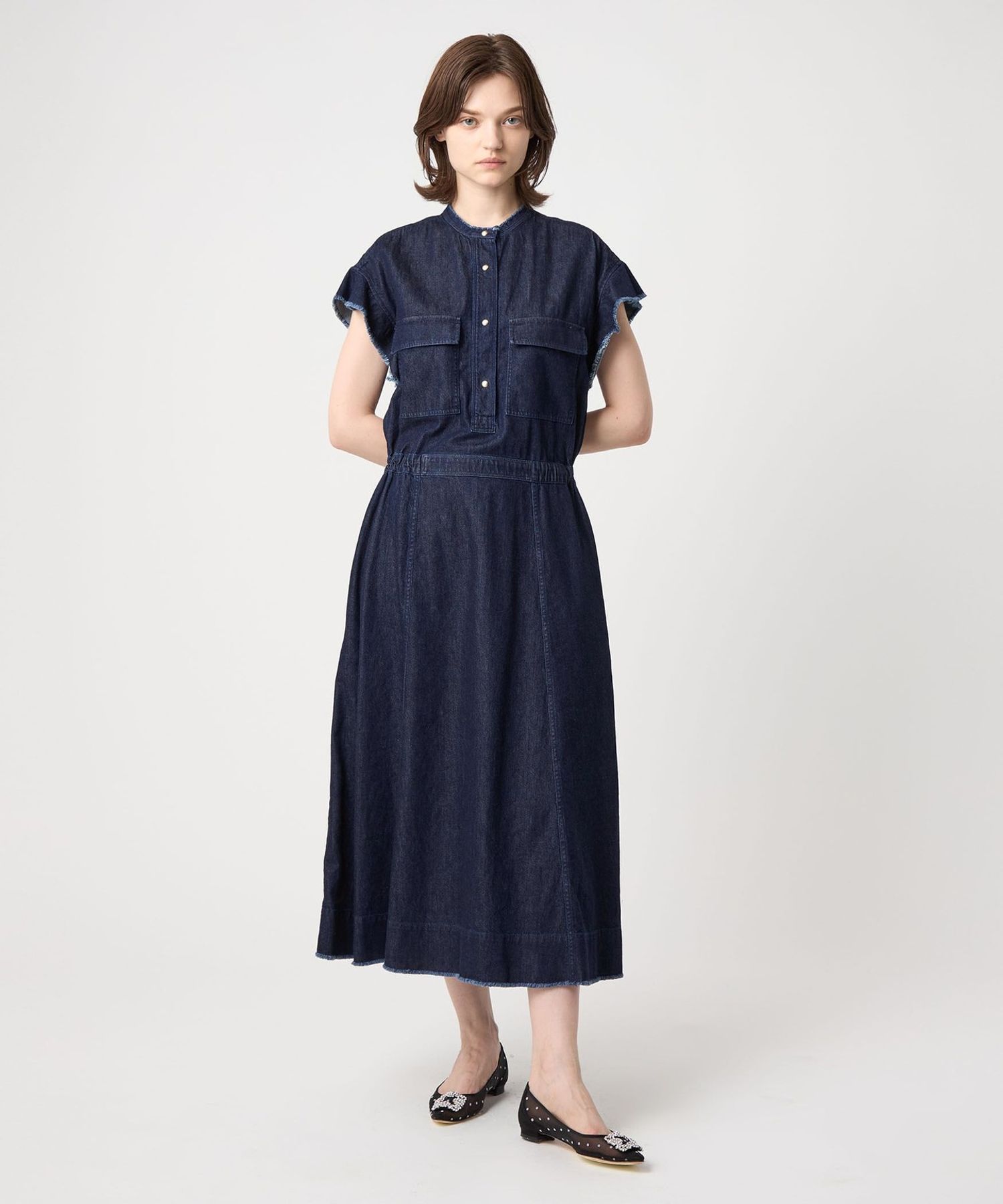 美シルエット タイト デニムワンピース 中村アン 掲載 ネイビー ブルー 綿 AZUL BY MOUSSY ロングデニムワンピース L/BLU1 -ファッション