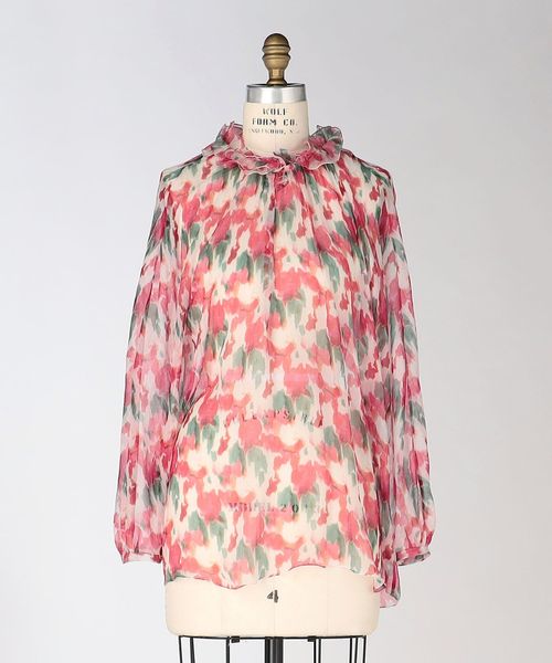 Drawer - ドゥロワー 25年 RESORT2 シフォンギャザーブラウス 長袖 シルク 総柄 Drawer - ドゥロワー 25年 RESORT2 シフォンギャザーブラウス