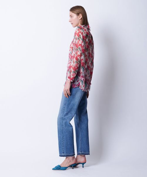 Drawer - ドゥロワー 25年 RESORT2 シフォンギャザーブラウス 長袖 シルク 総柄 Drawer - ドゥロワー 25年 RESORT2 シフォンギャザーブラウス
