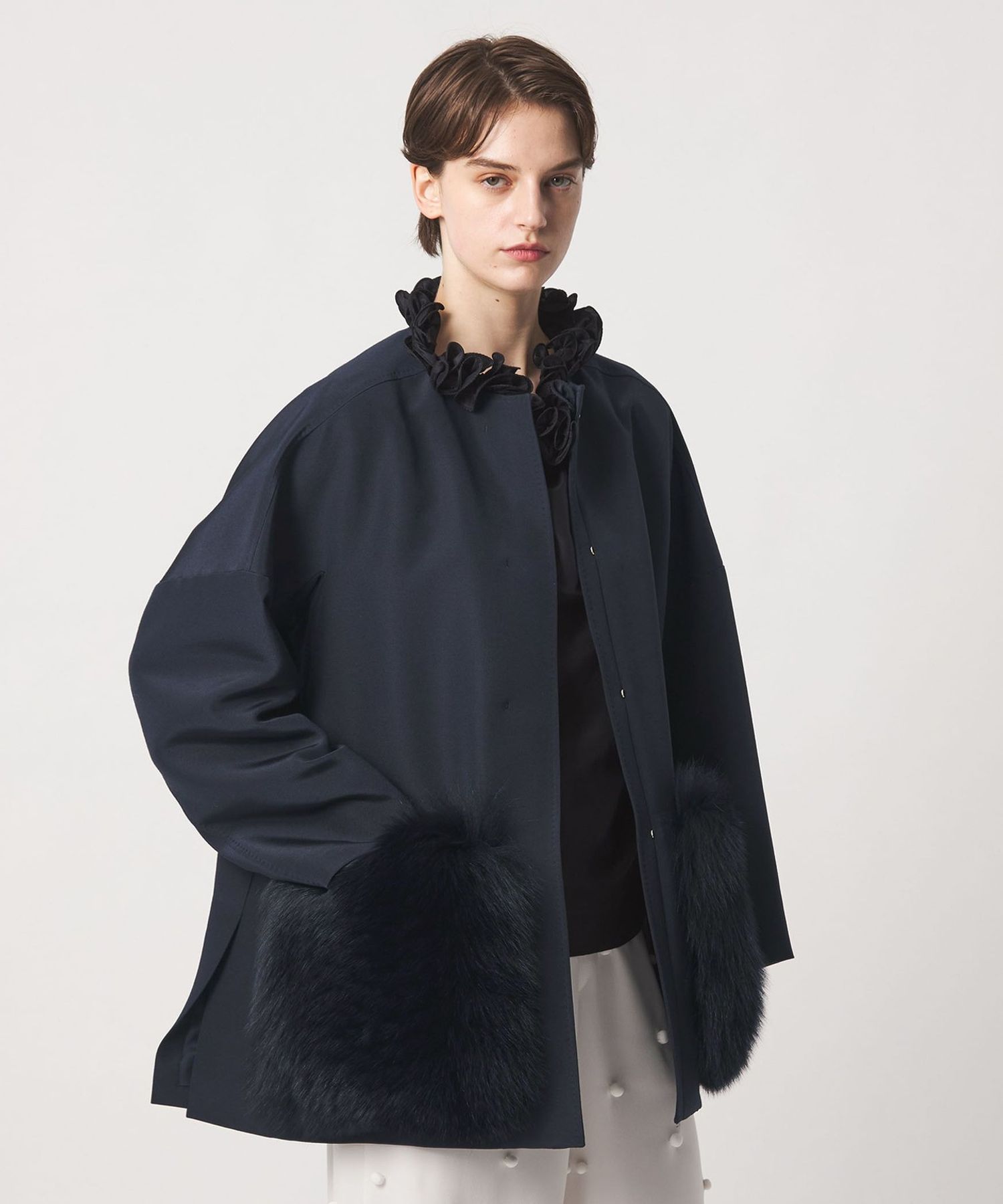 FALL1 ファーポケットノーカラーコート