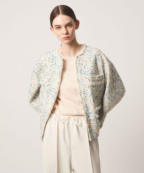 DRAWER/CEREMONY フリンジツイードジャケット/ノーカラージャケット