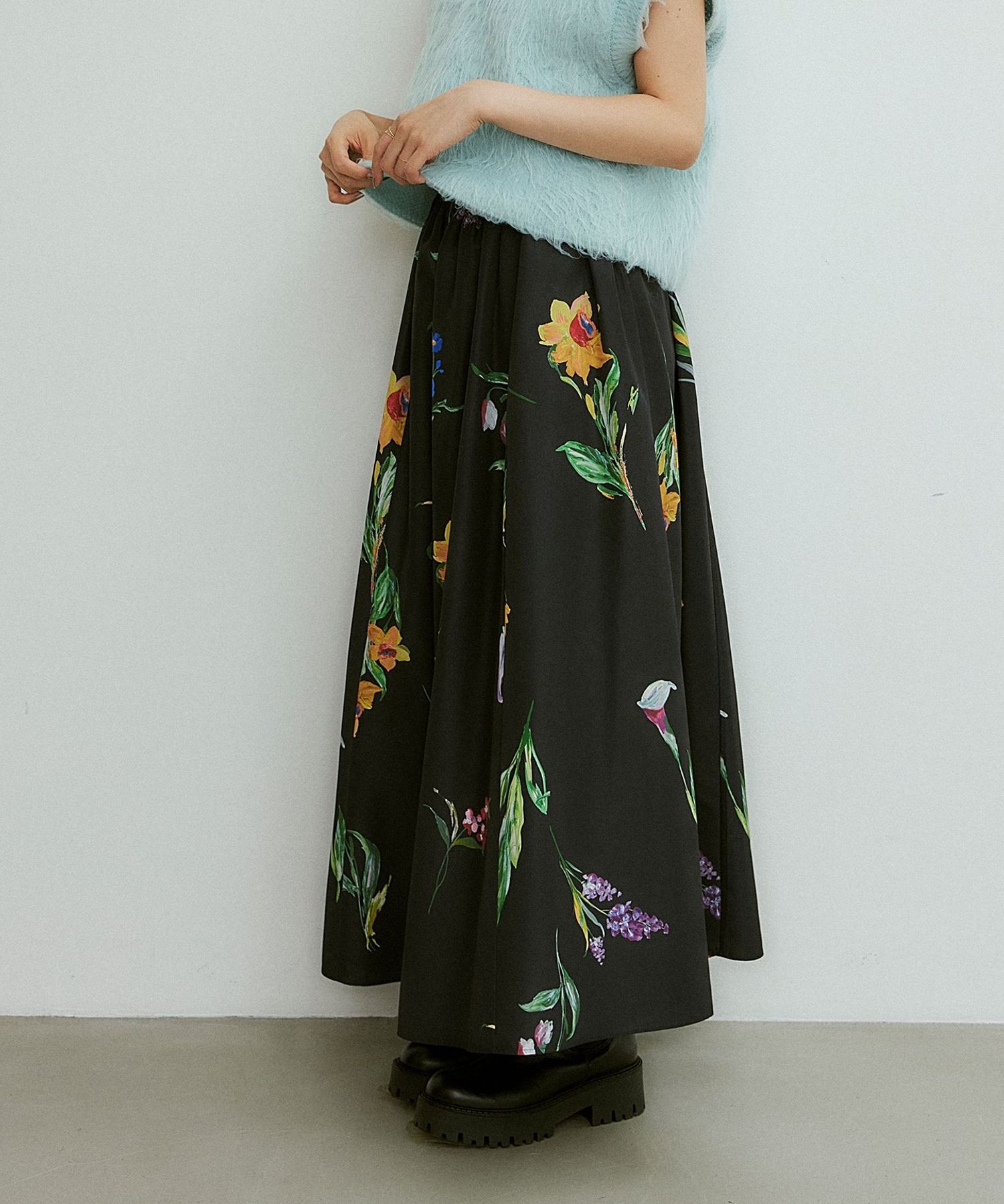 EMMEL REFINES＞EM フラワープリント ボリューム マキシスカート 