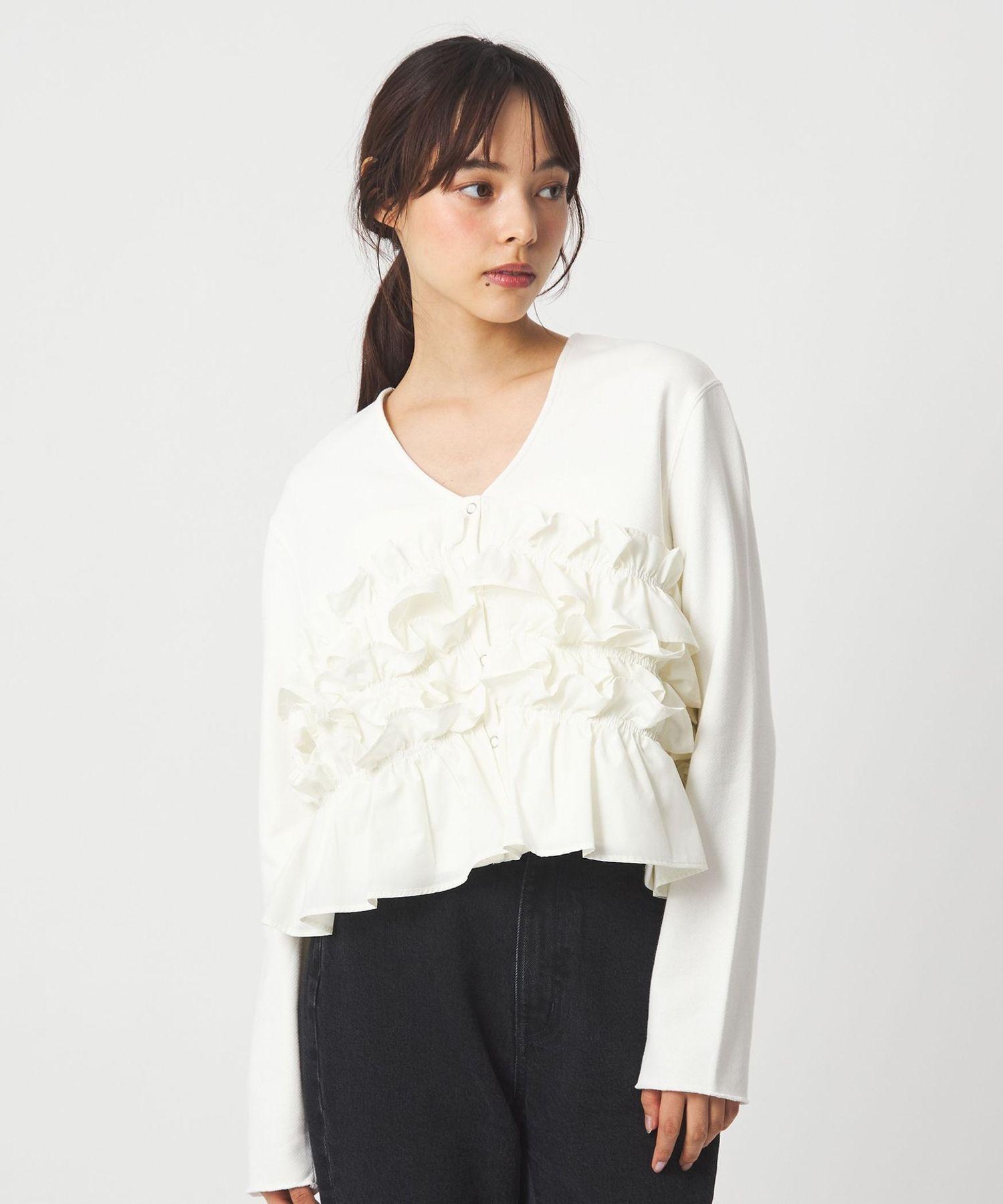 EMMEL REFINES＞EM ミニウラケ フリル 2WAY カーディガン