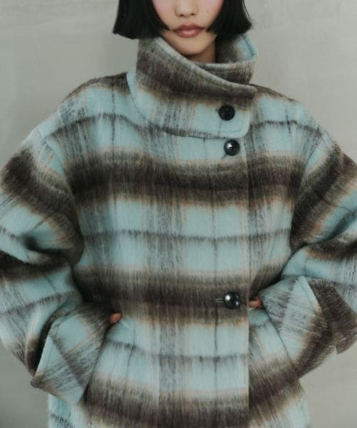 EMMEL REFINES/＜EMMEL REFINES＞EM シャギー チェック ミディアム コート/ピーコート