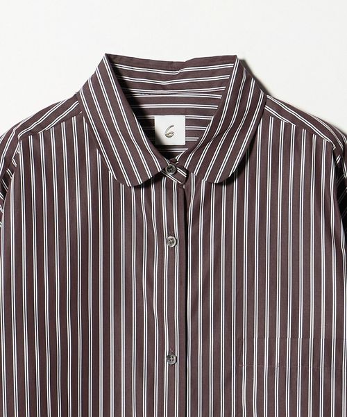 6ロクUNITED ARROWS バンドカラーシャツブラウスラウンドカラーつけ襟 6(ROKU)＞ブラウンストライプ ラウンドカラーシャツ
