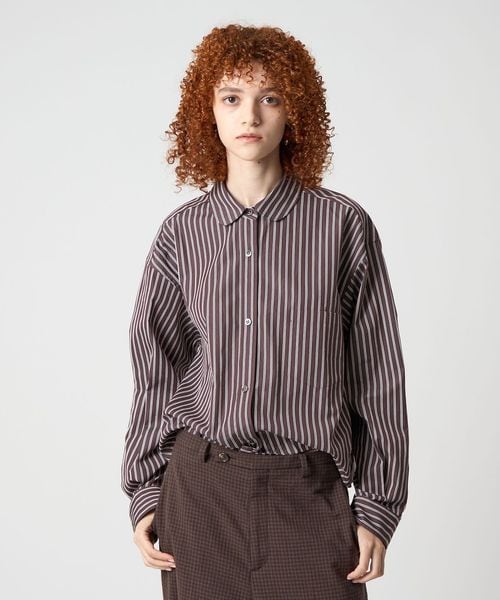 roku6ロクストライプシアーシャツ茶色B&Y united arrows 6(ROKU)＞ブラウンストライプ ラウンドカラーシャツ