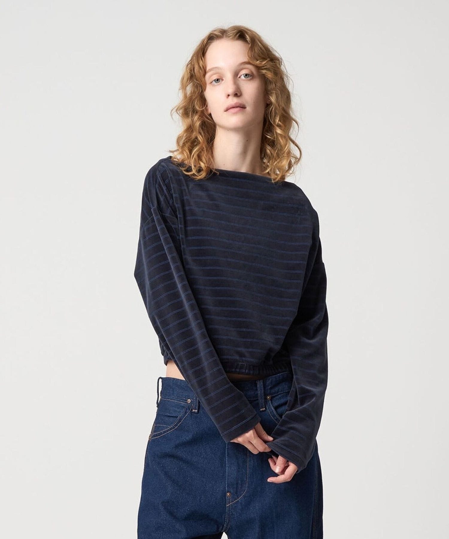 トップス ROKU United arrows 6(ROKU)＞ベロア ボーダー オフショルダー トップス