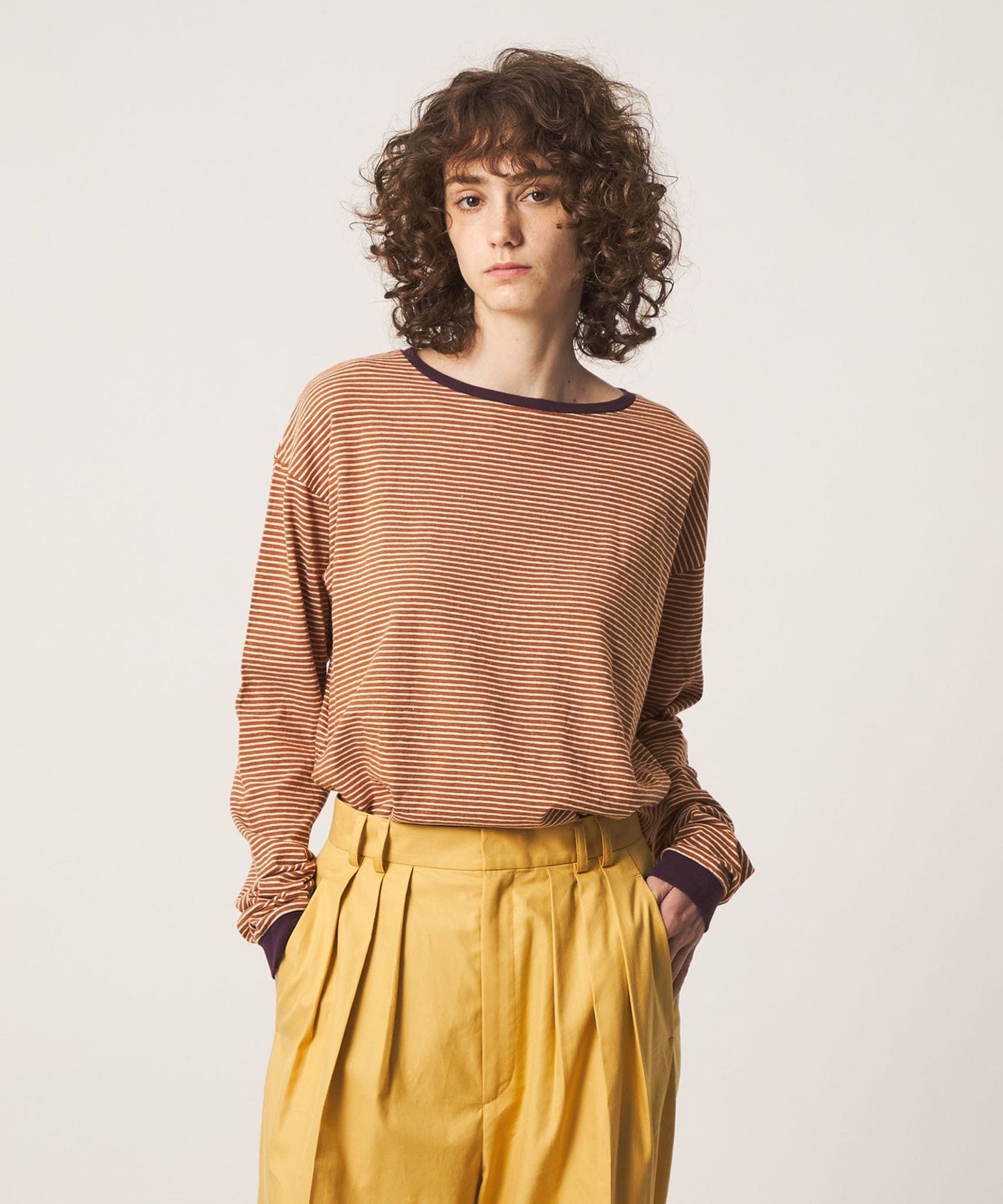 6(ROKU)＞コットン ミジン ボーダー ロングスリーブ Tシャツ