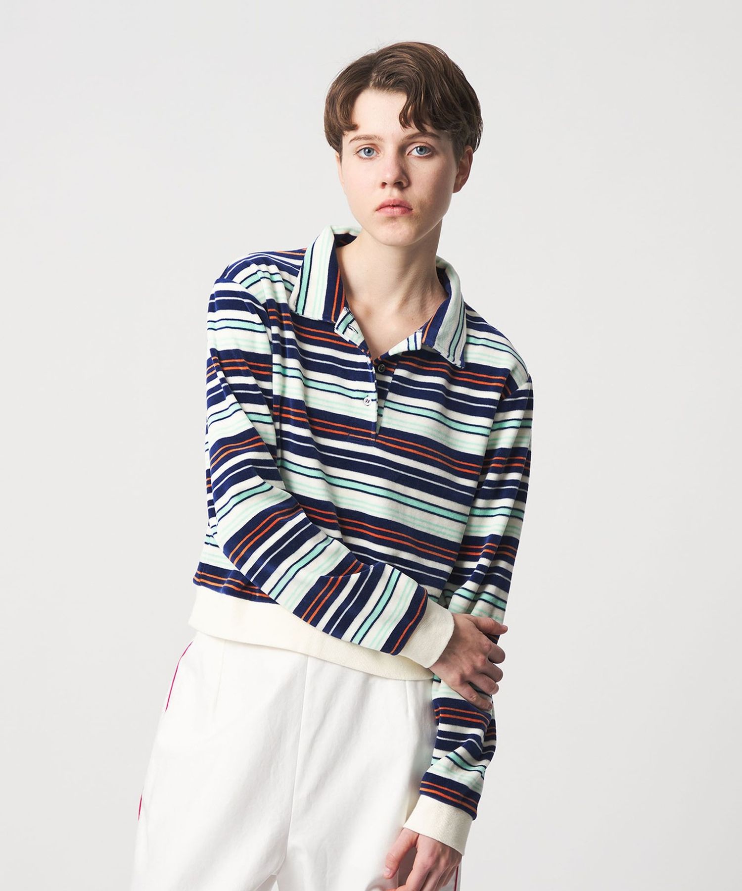 roku 6 ポロシャツ 6(ROKU)＞ベロア ボーダー ポロシャツ