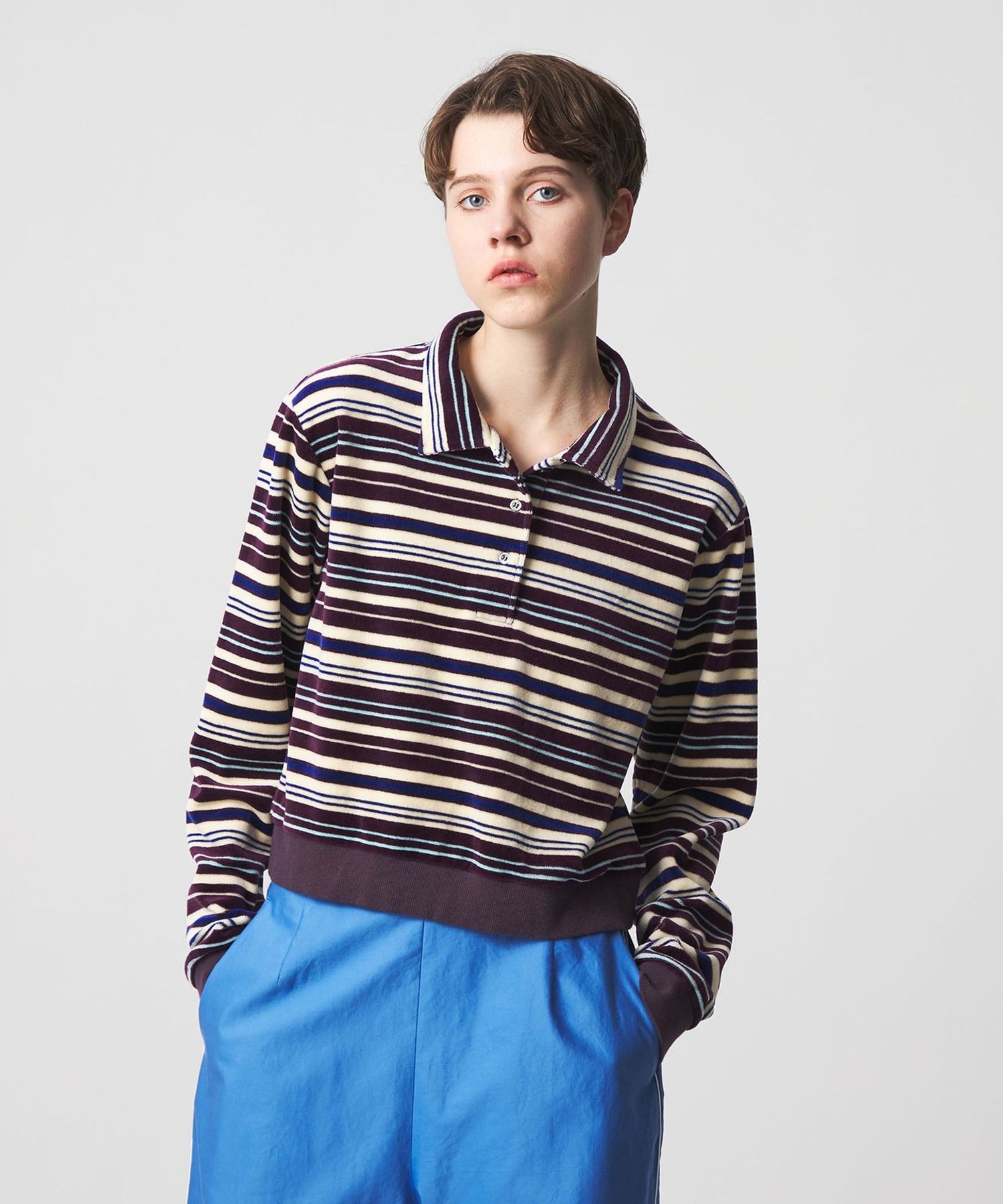 roku 6 ポロシャツ 6(ROKU)＞ベロア ボーダー ポロシャツ